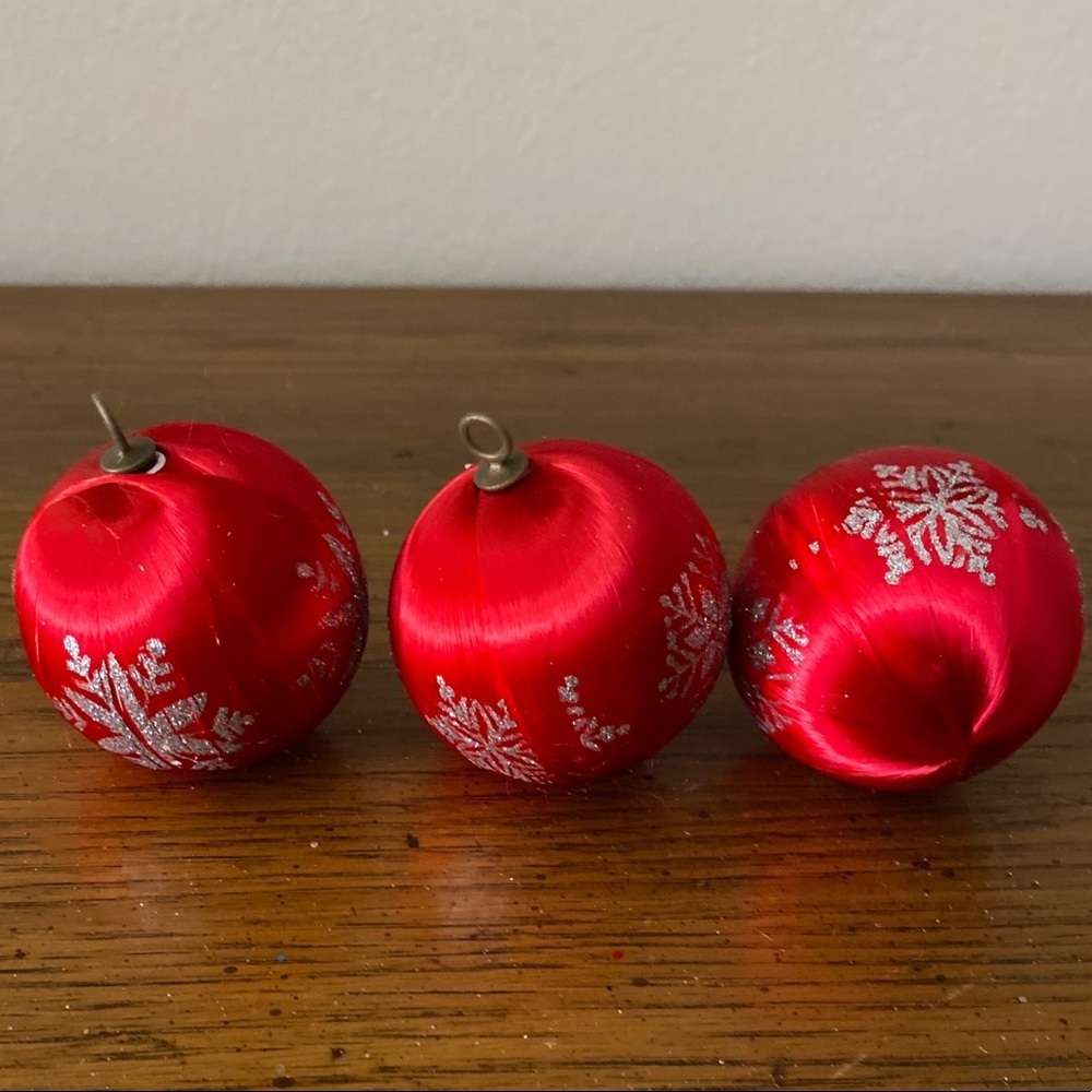 3 red vintage satin ornaments silver snowflake